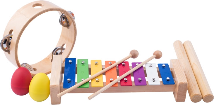 Dřevěné dětské hudební nástroje set- Muzikální set ( xylofon, tamburína, dřívka, 2 maracas vajíčka ) 