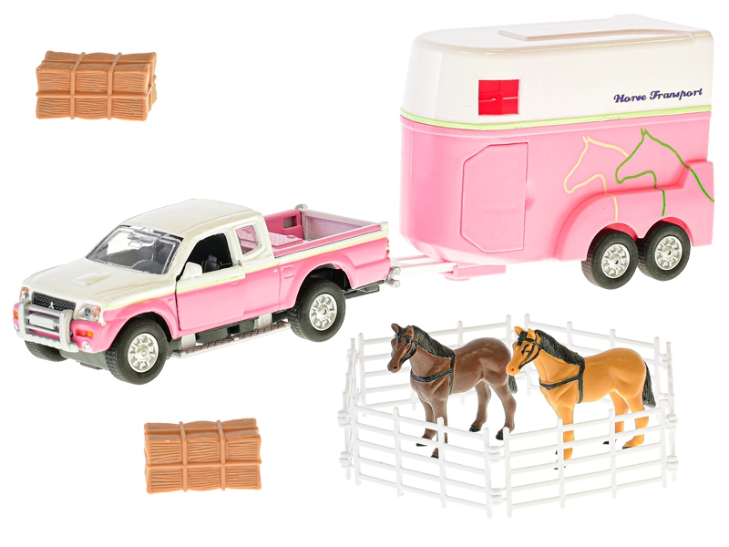Mitsubishi růžové 13cm kov na zpětný chod s přívěsem pro koně s doplňky v krabičce