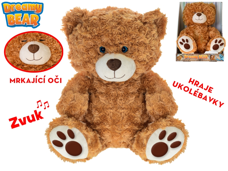 Medvěd plyšový 34cm sedící mrkající oči na baterie hrající ukolébavky 6m+ v krabičce AKCE pouze do vyprodání zásob!